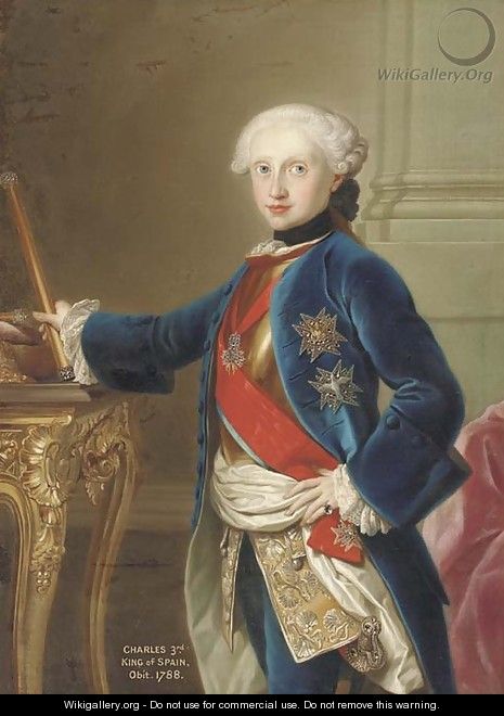 Portrait of King Charles III of Spain (1716-88), three-quarter-length, in a blue velvet coat, with the Order of the Golden Fleece, standing by a table - (after) Mengs, Anton Raphael