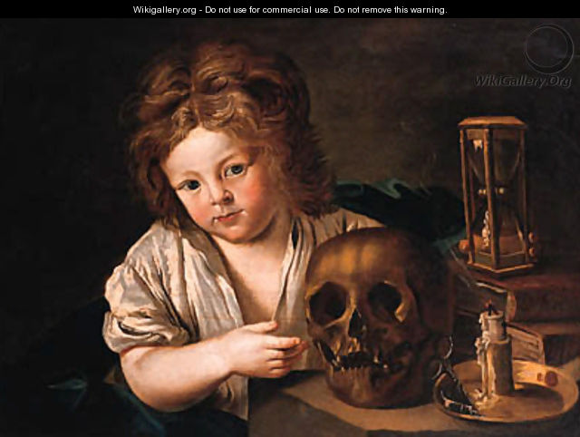 A Vanitas a boy seated at a table with a skull - (after) Antoine Le Nain