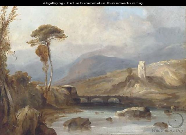 Figures on a bridge, with ruins beyond - (after) Anthony Vandyke Copley Fielding