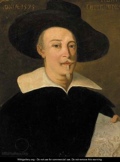 Portrait of a gentleman, half-length, wearing a hat, holding a drawing - (after) Anthonis Mor Van Dashorst