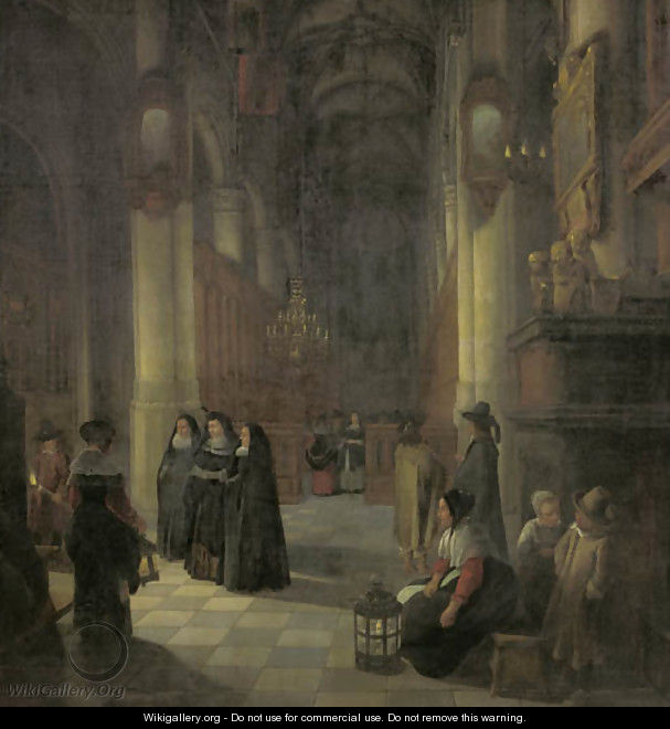 Elegant women and other townsfolk in the aisle of a Gothic church at night - (after) Anthonie De Lorme