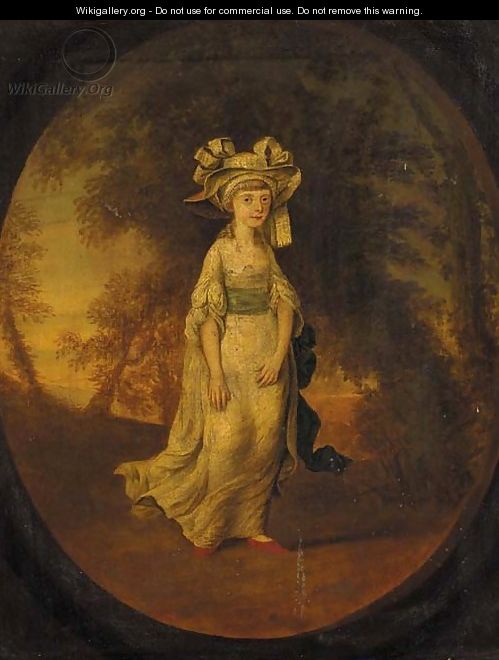 Portrait of a girl, small full-length, in a white dress with blue sash, in a landscape, feigned oval - (after) Kauffmann, Angelica