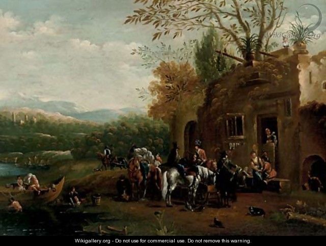 A river landscape with a hawking party at rest outside a tavern - (after) Barend Gael Or Gaal