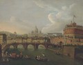 The Tiber, Rome, looking towards the Ponte Sant'Angelo and the Castel Sant'Angelo, Saint Peter's beyond - (after) Antonio Joli