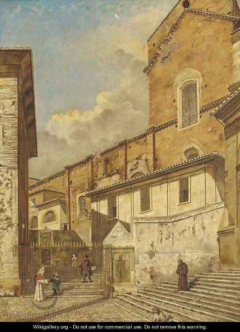 A Church exterior with a Franciscan monk and other figures - Follower of Canaletto, Antonio