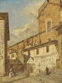 A Church exterior with a Franciscan monk and other figures - Follower of Canaletto, Antonio