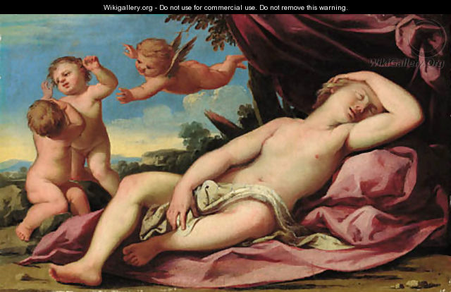 Venus sleeping in a landscape with putti playing nearby - (after) Antonio Bellucci