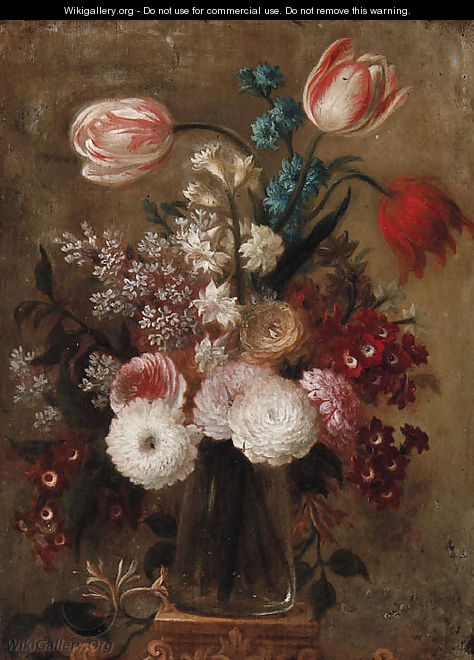 Tulips, carnations, narcissi and other flowers in a glass vase on a pedestal - Dutch School