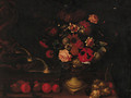 Still life of mixed flowers in an urn on a ledge with grapes and apples by a fountain - Dutch School