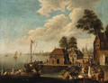 Figures on a Quayside in a River Estuary - Dutch School