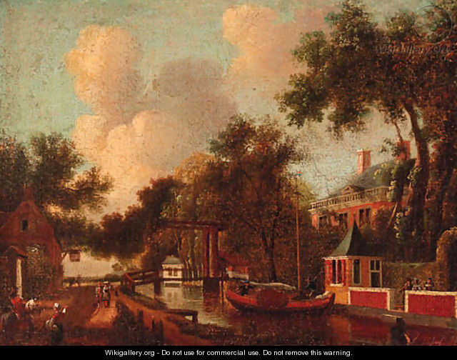 Figures by a canal, a house beyond - Dutch School