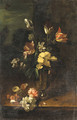 Flowers in a pewter Jug and on a stone Ledge - Dutch School