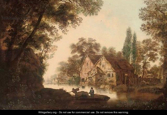 A wooded river landscape with figures on a boat, cottages beyond - Dutch School