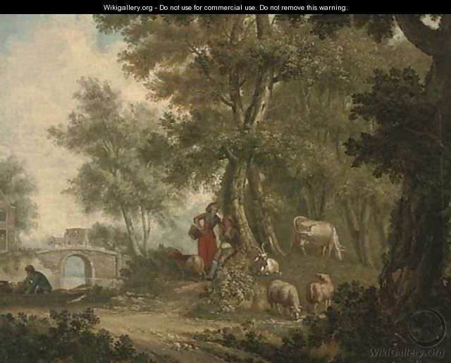 A wooded river landscape with a shepherd and shepherdess resting under a tree with their flock - Dutch School