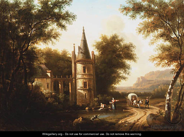 A wooded river Landscape with a horse-drawn Wagon on a Path, and Washerwomen on the Shore by a turreted Villa - Dutch School