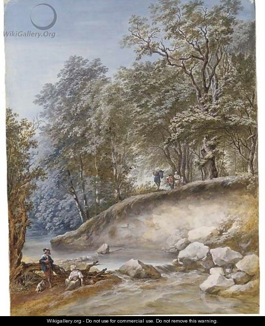 A stream through a wood with travellers by a ford - Dutch School