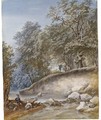 A stream through a wood with travellers by a ford - Dutch School