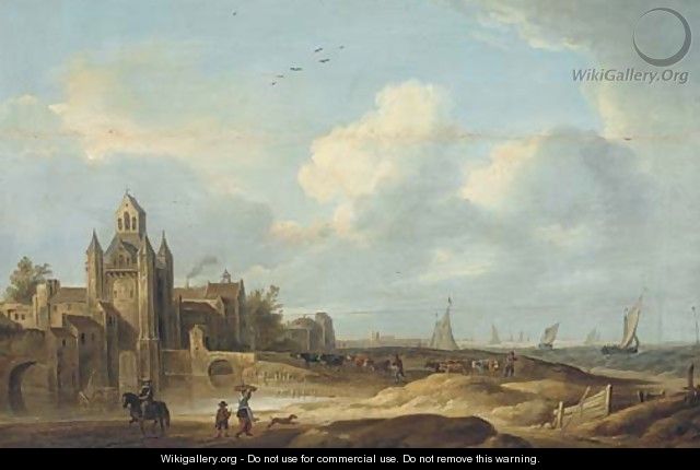 A freshening breeze off the Dutch coast, drovers and cattle in the foreground - Dutch School