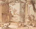 A dog barking at a swan with cygnets, in a pond, figures by a park gate looking on - Dutch School