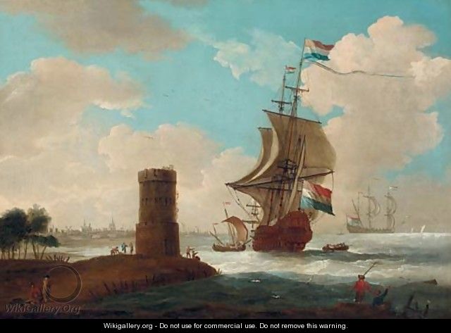 A coastal landscape with a tower and Dutch warships, a town beyond 2 - Dutch School