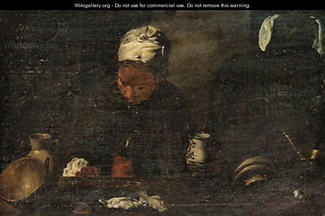 A girl holding a jug, behind a kitchen bench - Dutch School