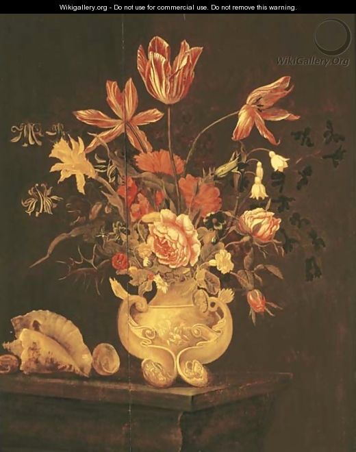 Tulips, roses, a daffodil and other flowers in a sculpted urn with shells on a table ledge - Dutch School