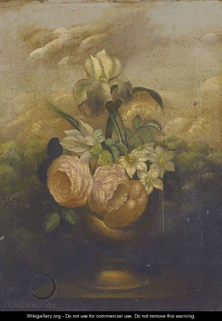 Irises, roses and narcissae in an urn on a garden plinth; and Another similar - Dutch School
