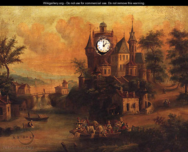 Figures On A Ferry With A Chateau Beyond, A Clock Picture - Dutch School