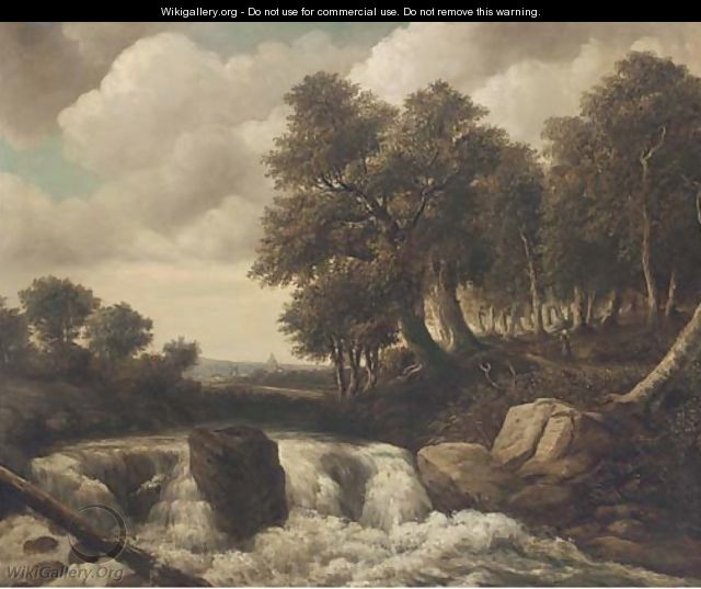 Figures in a woodland landscape by a waterfall - Dutch School