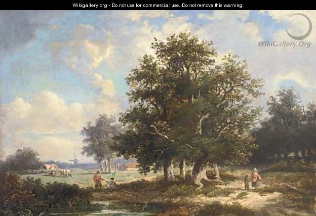 Figures in a wooded landscape with cattle grazing, a windmill beyond - Dutch School