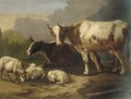 Cattle and sheep resting in a landscape - Dutch School