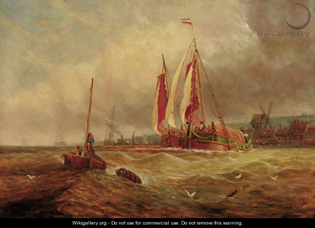 Barges in a swell, a harbour beyond - Dutch School