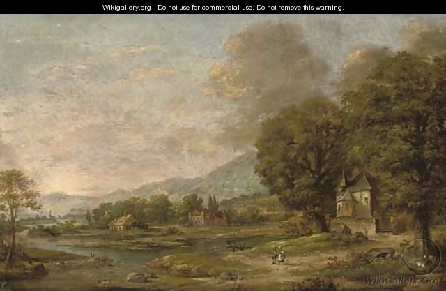 An extensive wooded river landscape with figures in the foreground - Dutch School