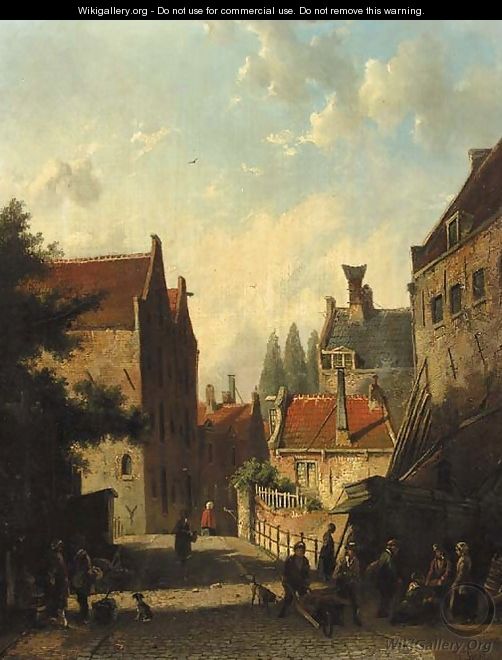 A view in a city with townsfolk conversing in the street - Dutch School