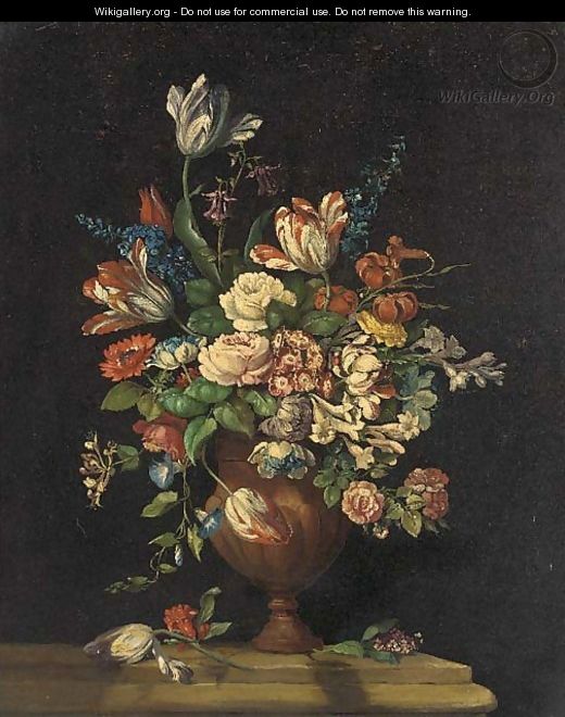 A still life of tulips, roses, freesias, honeysuckle, lilac and other summer flowers in an urn on a ledge - Dutch School