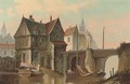 A Dutch canal side town with figures boating - Dutch School