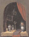 A casement with a bird cage, a vase of flowers, a mirror, an urn and other objects - Dutch School