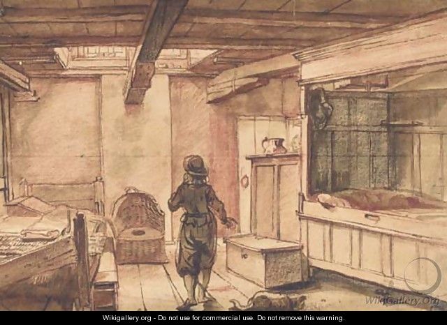 An interior with a standing figure seen from behind, a bed to the left - Dutch School
