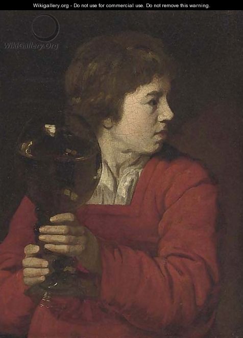 A young boy holding a giant roemer of wine - Dutch School