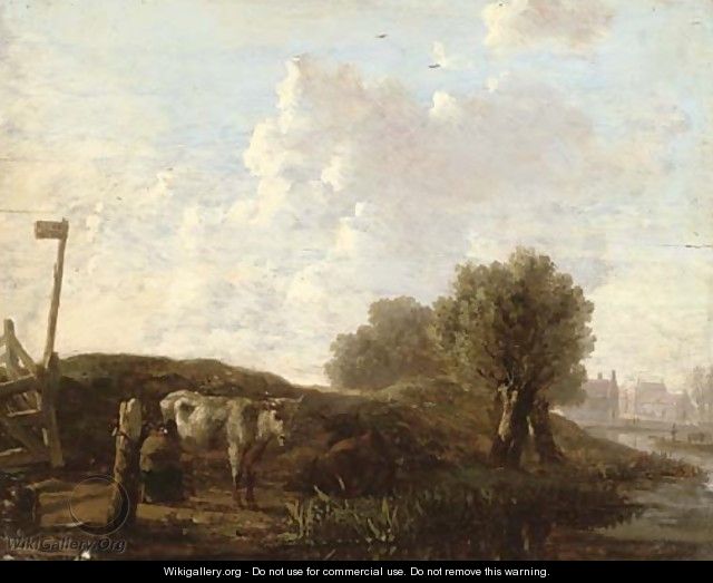 A river landscape with cattle on a bank - Dutch School