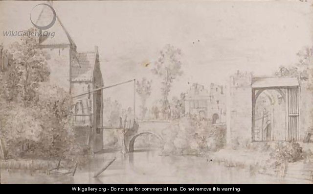 View of a fortified drawbridge by a canal, a gateway leading to elegant buildings to the right - Dutch School