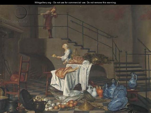 A kitchen maid and a servant in an interior - Dutch School