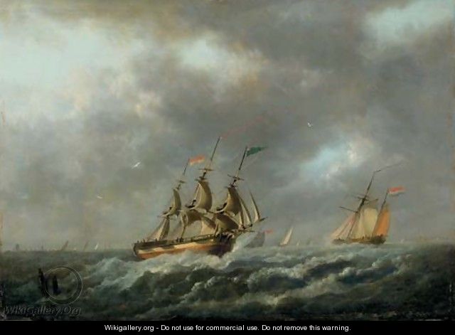 Sailing vessels in a stiff breeze - Dutch School
