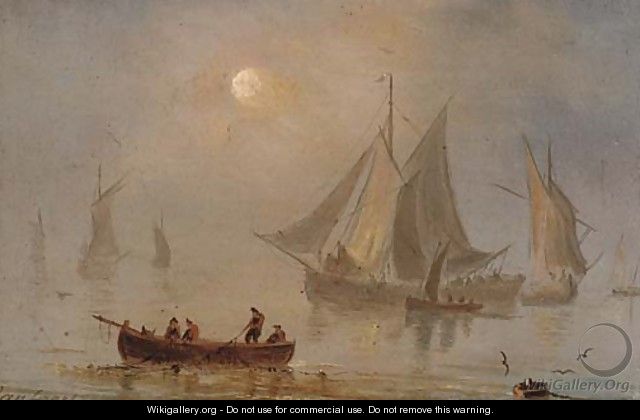 Shipping in a calm, moonlight (illustrated); and Shipping in a swell by moonlight - Dutch School