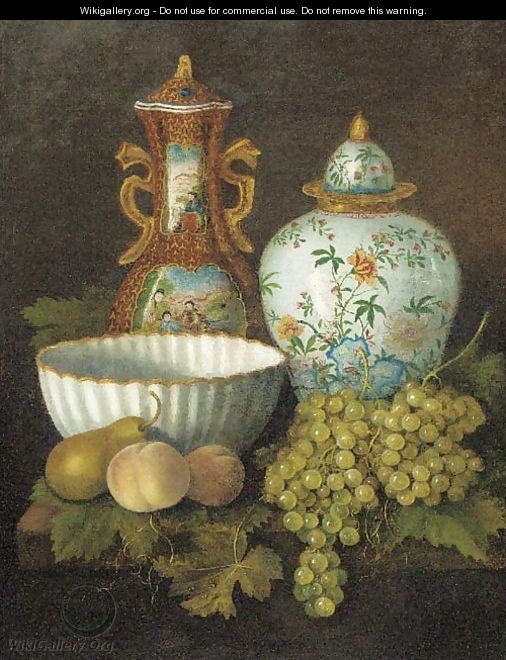 Peaches, grapes, a pear, a porcelain bowl and oriental vases on a plinth - Dutch School