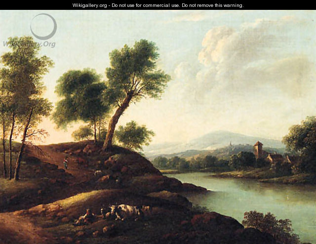 Herdsmen resting with their Herds in a mountainous River Landscape - Dutch School