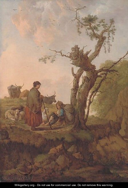A river landscape with a shepherd and shepherdess and their flock resting by a tree - Dutch School