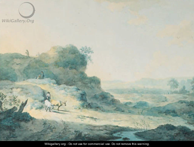 Travellers and a herdsman with cattle on a hilly road - Dutch School