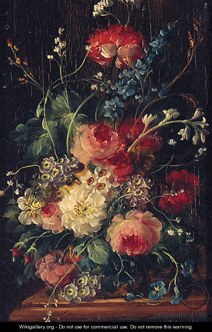 Roses, Delphiniums, Primulas And Narcissus In A Vase On A Ledge - Dutch School