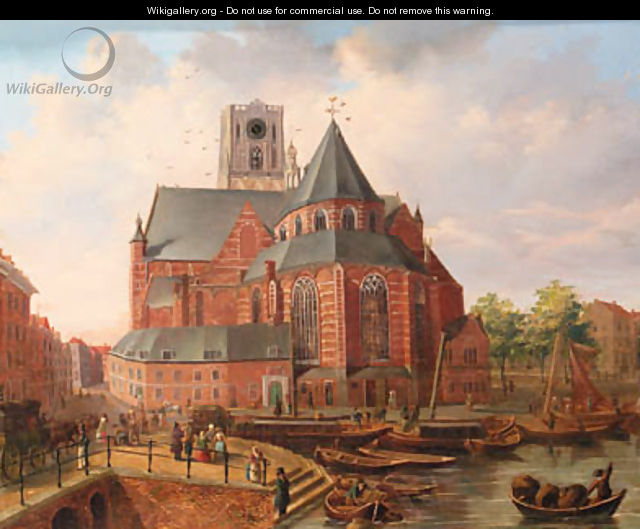 A view of Rotterdam with townsfolk gathered on a quay by a church - Dutch School